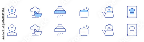 Cooking icon set in two styles, Duotone and Thin Line style. Editable stroke. gas stove, pot, cooking, kettle, extractor hood, recipe book