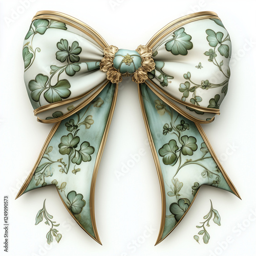 elegant decorative bow adorned with intricate floral patterns and gold accents. The fabric has a luxurious sheen, featuring soft green and cream hues with delicate clover motifs. The golden trim enhan photo