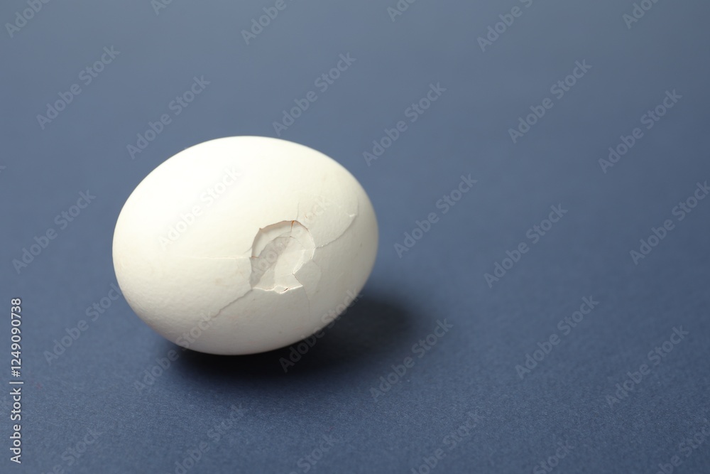 One egg with cracked shell on blue background, space for text One egg with cracked shell on blue background, space for text
