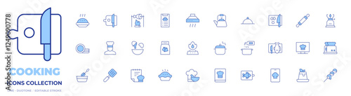Cooking icons collection. Line Duotone style, editable stroke. chef, clean dishes, cooker, cooking, egg, pie, recipe, cook, fish, gas stove, pot, recipe book, coal