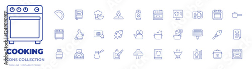 Cooking icons collection. Thin Line icons, editable stroke. computer, cooking, baking, fish, gas cylinder, gas stove, kettle, oven, pot, electric stove, gyoza, olive oil, recipe book