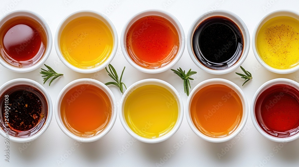 Colorful sauces and oils in small white bowls, arranged on white background with rosemary sprigs Colorful sauces and oils in small white bowls, arranged on white background with rosemary sprigs