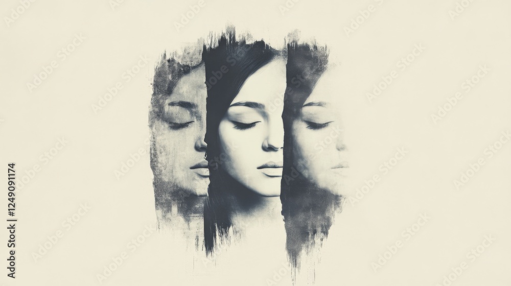 Fototapeta premium Triple portrait, woman, serene, faded, artistic, mind, mental health