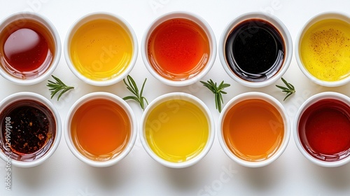 Colorful sauces and oils in small white bowls, arranged on white background with rosemary sprigs photo