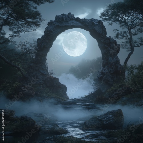 Moonlit archway reveals mystical landscape under a full moon in a serene forest at night