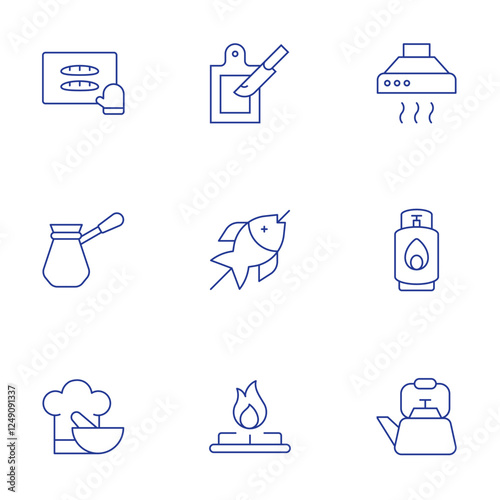 Cooking icons set. Thin Line style, editable stroke. baking, coffee, cooking, cutting board, extractor hood, fish, gas cylinder, gas stove, kettle