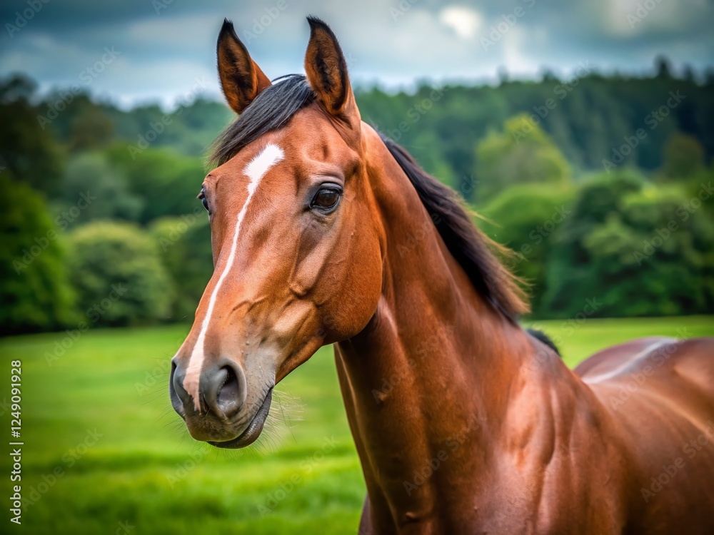 Fototapeta premium Majestic Brown Oldenburg Warmblood Horse Portrait on Pasture, Star on Forehead