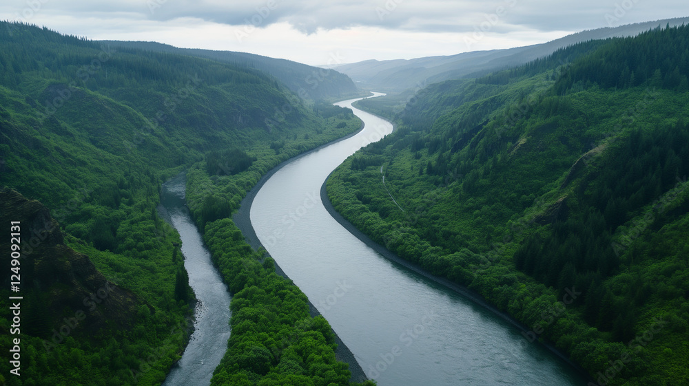 winding river flows through lush green valleys, surrounded by dense forests and rolling hills, creating serene and tranquil landscape winding river flows through lush green valleys, surrounded by dense forests and rolling hills, creating serene and tranquil landscape