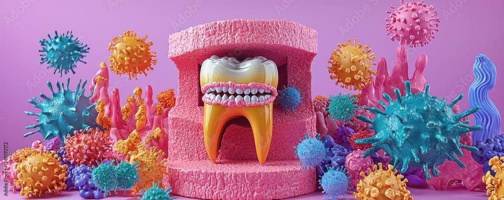 Naklejka premium A colorful, whimsical illustration depicting a tooth surrounded by vibrant, abstract representations of bacteria and viruses on a pink background.
