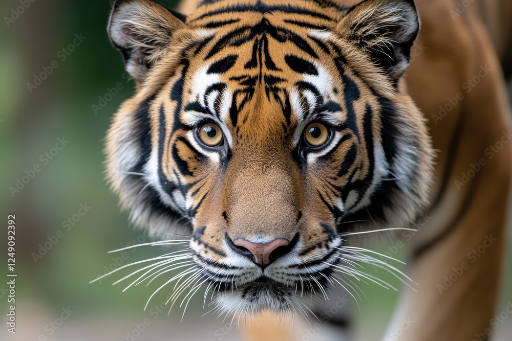 Fototapeta premium A captivating close-up shot of a tiger showcasing its intense gaze and striking fur pattern, embodying the grace and raw power of this magnificent wildlife species.