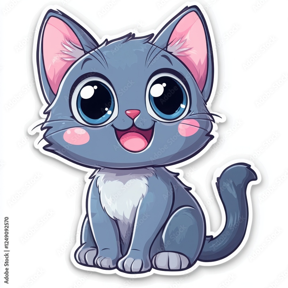 Joyful Blue Kitten: An adorable cartoon kitten with big, expressive blue eyes and a cheerful smile. This charming illustration is perfect for children's products, greeting cards, and social media. Joyful Blue Kitten: An adorable cartoon kitten with big, expressive blue eyes and a cheerful smile. This charming illustration is perfect for children's products, greeting cards, and social media.