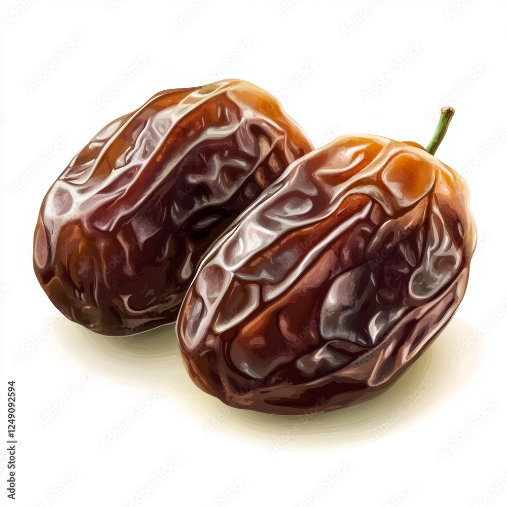Two ripe dates, close-up, studio shot, white background, food packaging Two ripe dates, close-up, studio shot, white background, food packaging