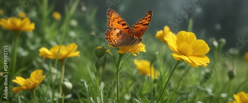 Fritillary Butterfly feeding on Buttercup flowers, nectaring behavior, rare butterfly species, natural behavior photo