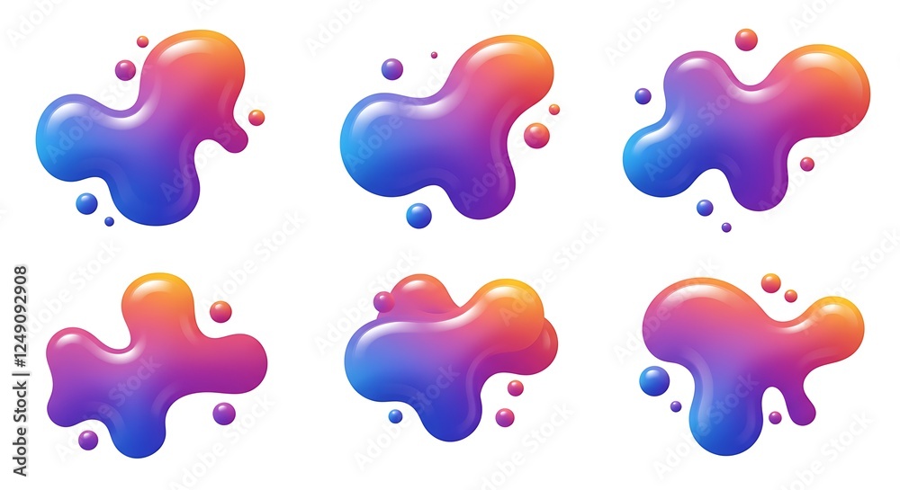 Bold colorful liquid blob 3D shapes set isolated. Vibrant gradient silicone fluid 3D element, abstract melted object. Bold colorful liquid blob 3D shapes set isolated. Vibrant gradient silicone fluid 3D element, abstract melted object.
