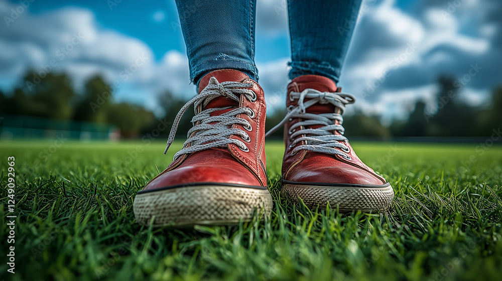 Worn Red Sneakers on Green Grass in Outdoor Setting Worn Red Sneakers on Green Grass in Outdoor Setting