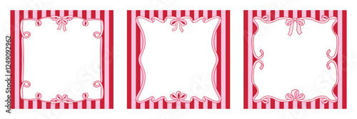 Set of vintage striped frames templates with wavy bows. Vector illustration of ribbon borders on striped square background. Holiday clipart in retro coquette aesthetic
