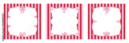 Set of square frames with bow on striped background. Hand drawn vector illustration. Wedding celebration, holiday, party decoration, gift, Valentine s day.
