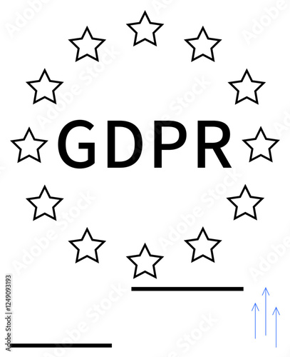 Large GDPR text surrounded by stars indicating European Union focus, minimal lines, and arrows for movement. Ideal for privacy, security, data governance, compliance, innovation, EU concept abstract