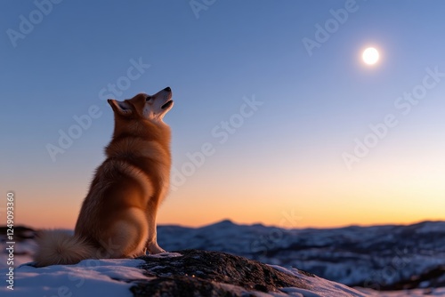 A harmonious silhouette of a dog howling against a picturesque sunset, embodying the spirit of freedom and adventure in an enchanting winter landscape filled with mountains. photo