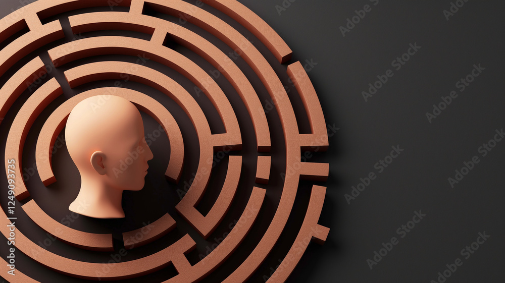 Obraz premium person head is positioned at center of complex maze, symbolizing confusion and introspection. design evokes sense of searching for clarity in chaotic environment