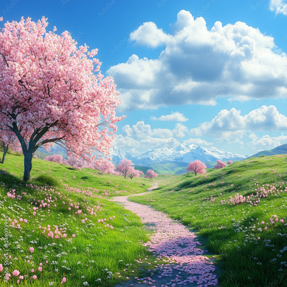 Breathtaking spring landscape with lush green hills, blooming pink cherry blossom trees, and a scenic path covered in petals leading to snow-capped mountains under a blue sky.
Breathtaking spring landscape with lush green hills, blooming pink cherry blossom trees, and a scenic path covered in petals leading to snow-capped mountains under a blue sky.