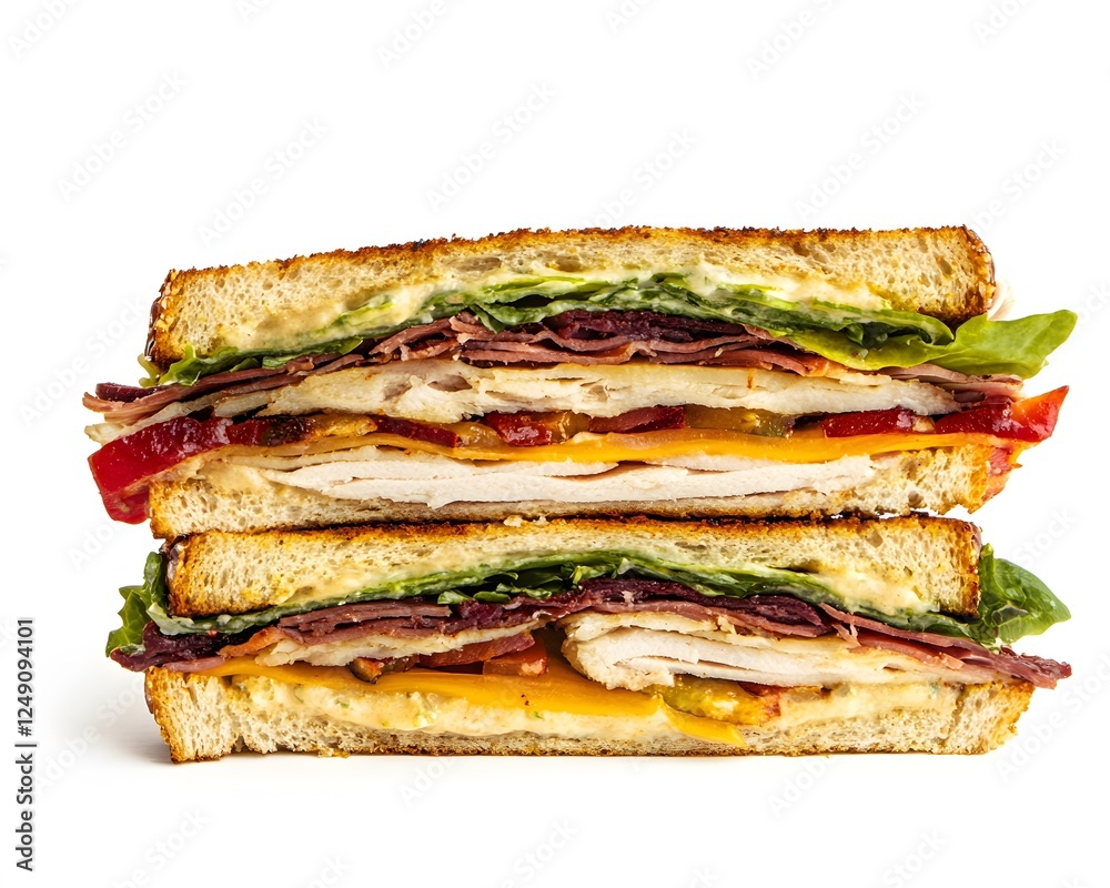 Delicious double decker sandwich with various ingredients stacked high Delicious double decker sandwich with various ingredients stacked high