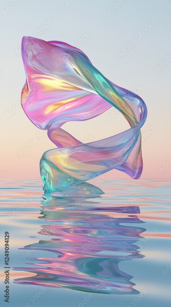 Fototapeta premium Above serene water surfaces, a holographic ribbon glides gracefully, showcasing an interplay of radiant colors and reflections, creating a captivating digital artwork that enchants the eye