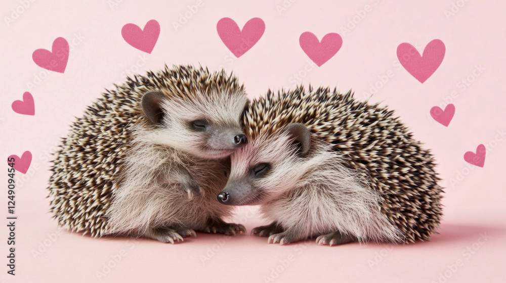 Obraz premium Hedgehogs hugging with hearts on soft pastel background, St Valentines Day postcard