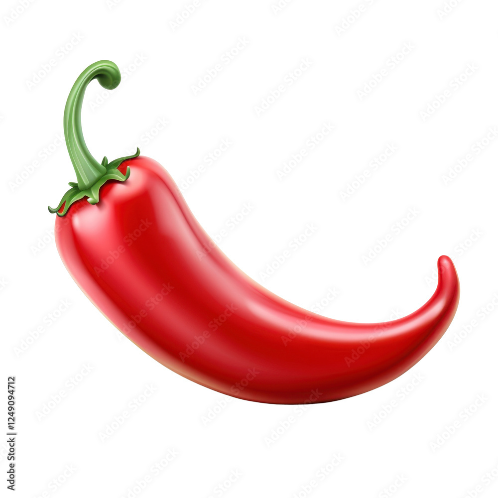 Red chili pepper with glossy surface and green stem, perfect for adding spice to dishes Red chili pepper with glossy surface and green stem, perfect for adding spice to dishes
