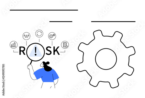 Person examining risk factors with magnifying glass and icons alongside a gear symbol. Ideal for business planning, risk management, problem-solving, operations, strategy, decision-making, abstract