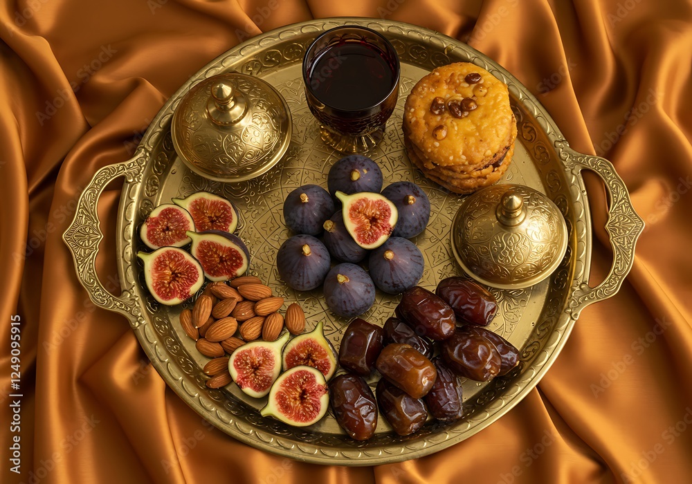 Elegant Ramadan Feast with Figs, Dates, and Almonds on Golden Tray Elegant Ramadan Feast with Figs, Dates, and Almonds on Golden Tray