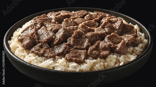 Cooked Beef and Rice Dish on Dark Plate Against Black Background photo