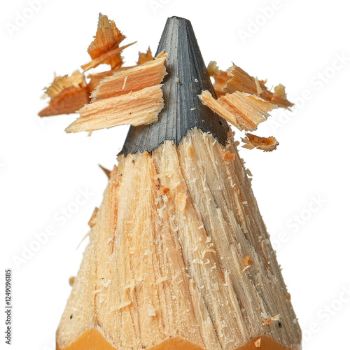 close up of sharpened pencil with wood shavings on top, showcasing fine details of graphite tip and texture of wood photo