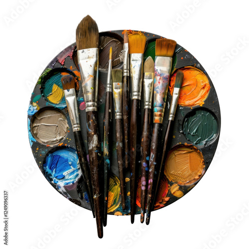 Art supplies including paintbrushes and palette filled with vibrant colors create lively atmosphere for creativity. Perfect for artists and art enthusiasts