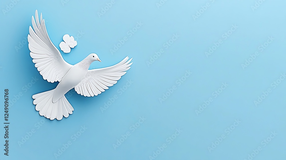 Fototapeta premium Serene White Dove in Flight: 3D Render on Pastel Blue Background AI Generated