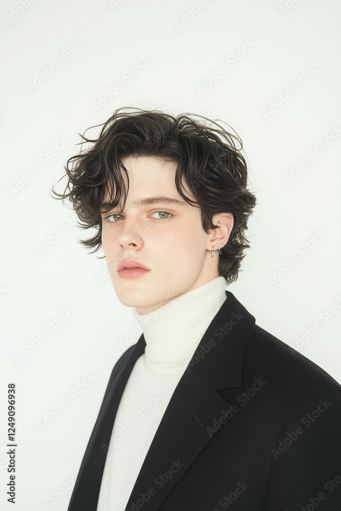 Stylish Young Man in Black Suit with Messy Wavy Hair