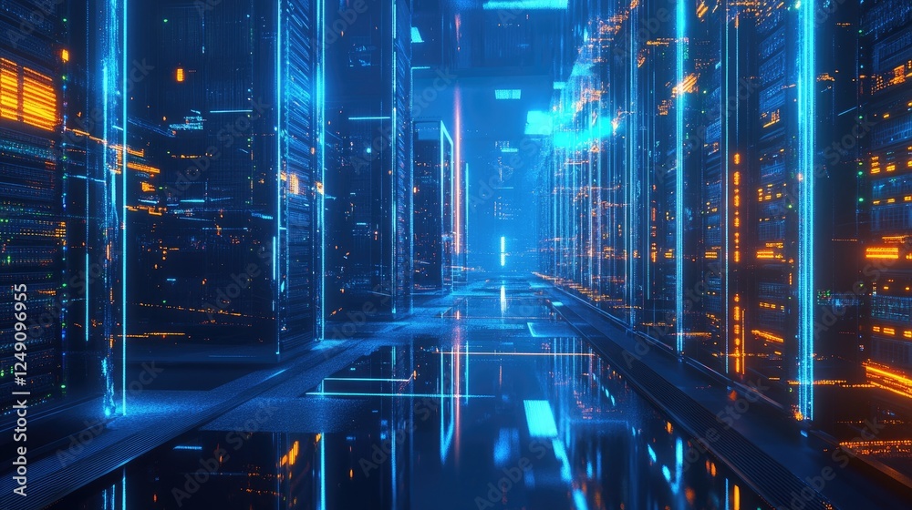 Fototapeta premium A futuristic data center corridor with vibrant blue and orange neon lights, showcasing advanced servers and reflective surfaces. Perfect for technology, IT, and innovation-themed projects