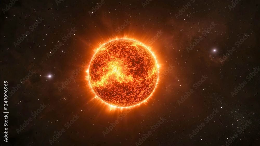 A fiery, blazing ball in space, known as the Sun, one of the largest stars with an incredibly high density and power, the Sun in the cosmos.