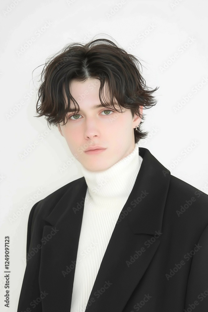 Stylish Young Man in Black Suit with Messy Wavy Hair