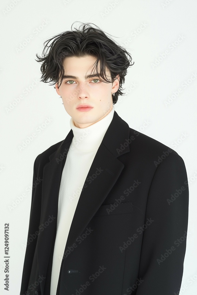 Stylish Young Man in Black Suit with Messy Wavy Hair