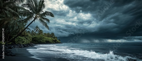 Dramatic tropical storm clouds over ocean beach with palm trees.