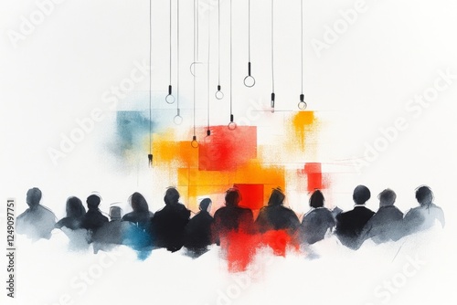 A delicate watercolor sketch of a town hall meeting, where community members share ideas in an open discussion