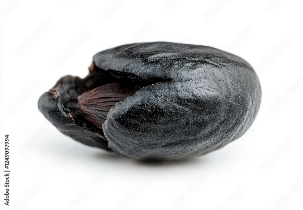 Obraz premium Single Black Seed with Shiny Surface Isolated on White Background