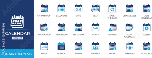 Calendar icon set. Solid Editable icon collection. Vector illustration.
