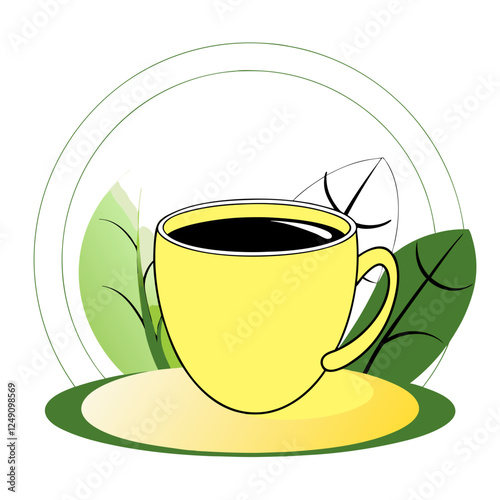 Yellow coffee cup illustration surrounded by green leaves, symbolizing refreshment and nature with copy space