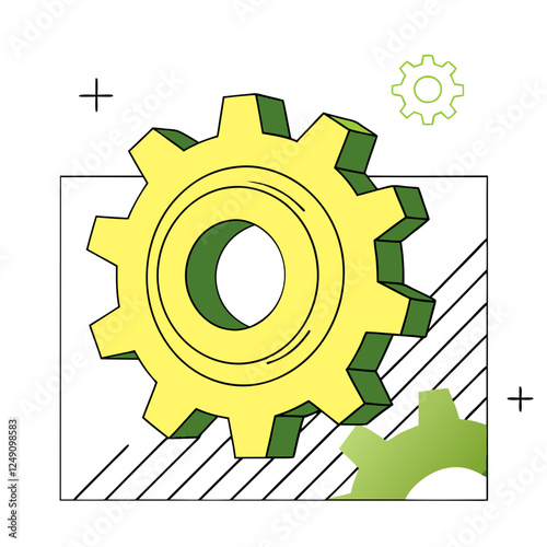 Illustration of yellow gears with a green accent on a geometric background, representing machinery and innovation