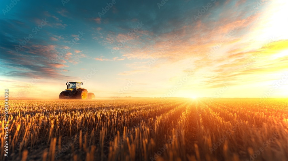 Fototapeta premium Sunset agricultural landscape with tractor working in golden wheat field at twilight
