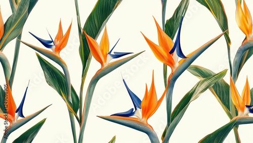 Exotic bird of paradise flowers pattern, showcasing vibrant orange and blue colors against a soft background, perfect for tropical inspired designs and summer themes photo