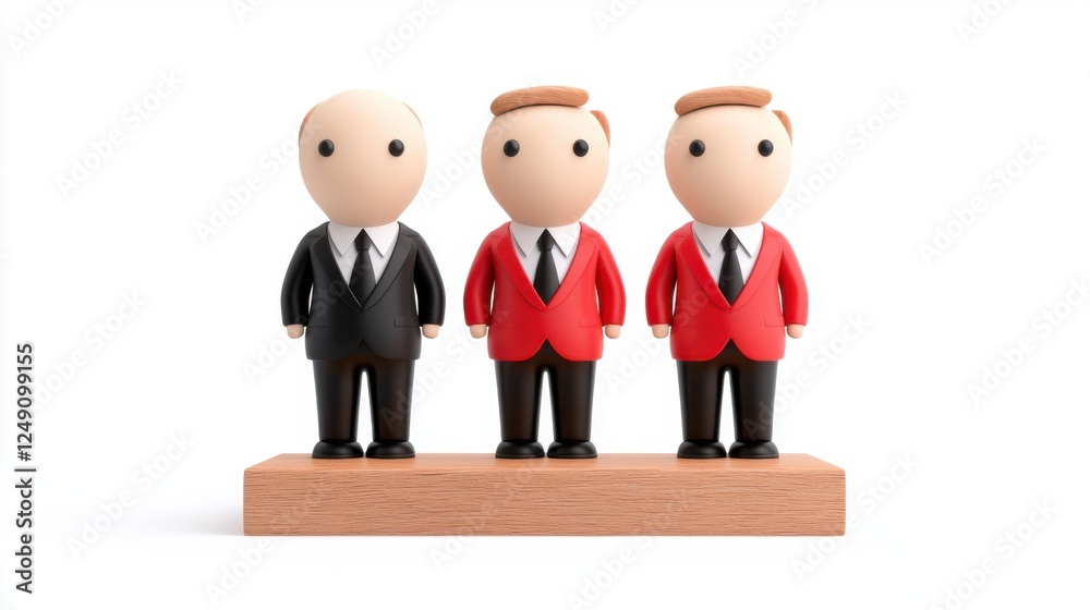 Three stylized figures in suits, two in red and one in black, on a wooden base. They symbolize diversity in leadership or business roles. Three stylized figures in suits, two in red and one in black, on a wooden base. They symbolize diversity in leadership or business roles.