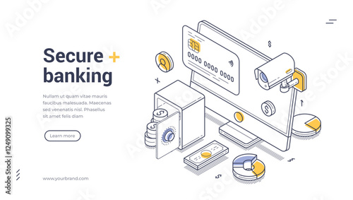 Line art isometric web banner, landing page template of online banking, emphasizing security with a safe, monitor, and financial charts connected by digital elements